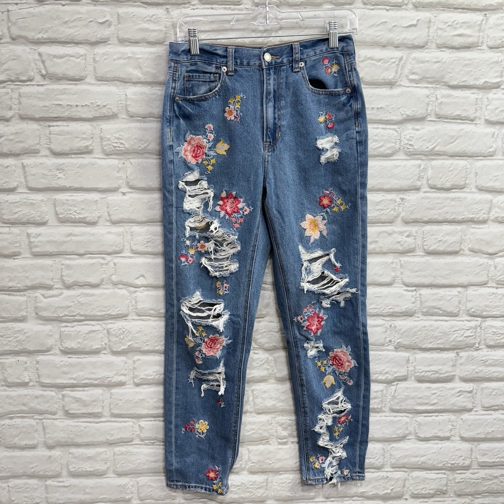American Eagle Hippie Floral Embroidered High Rise Mom Jeans 4 Distressed Boho